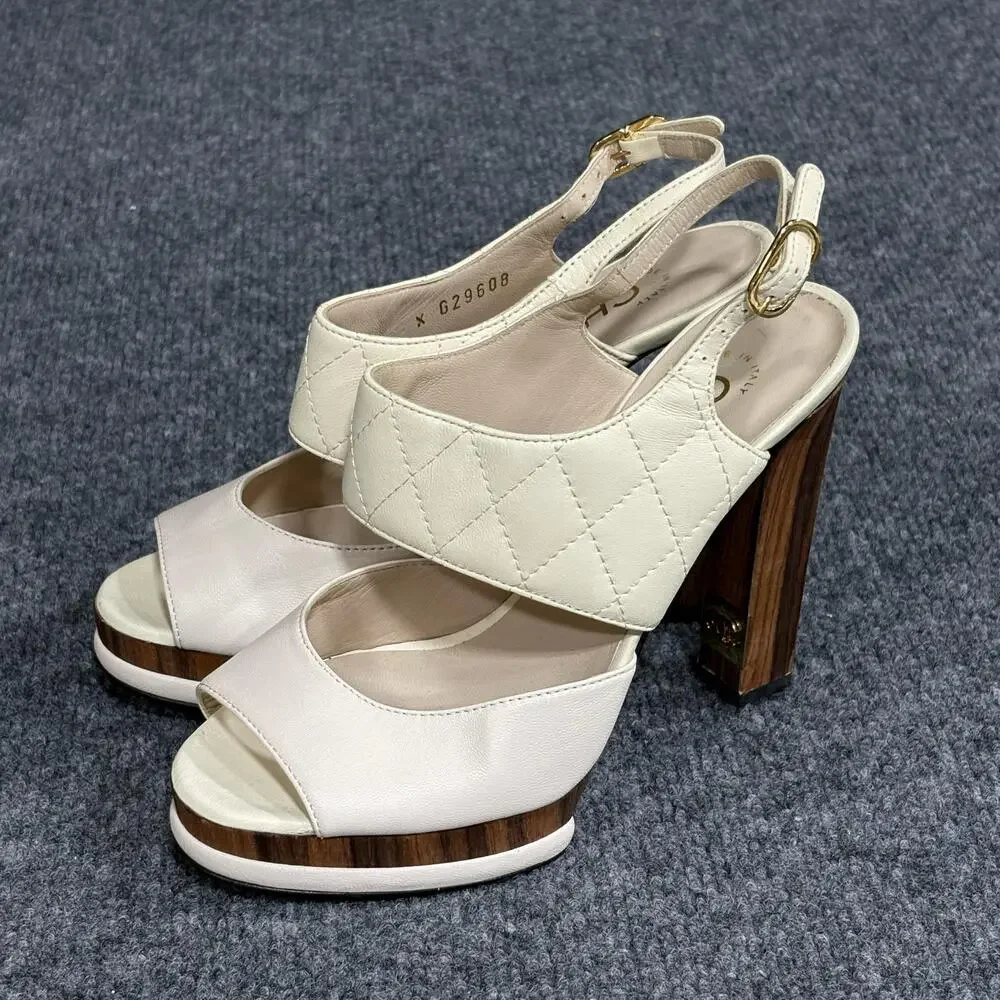 Chanel Platform Sandals Womens 36 White Matelasse Quilted Slingback Heel Italy